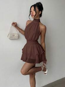 Elegant Fashion Halter Neck Backless Layered Ruffle Mini Dress - Wedding - Brown - View 2