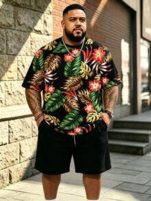 2pcs/Set Plus Size Men's Hawaiian Vacation Set Shirt, Loose Beach Casual Daily Versatile Outfit Sports Black Summer - Black - View 1