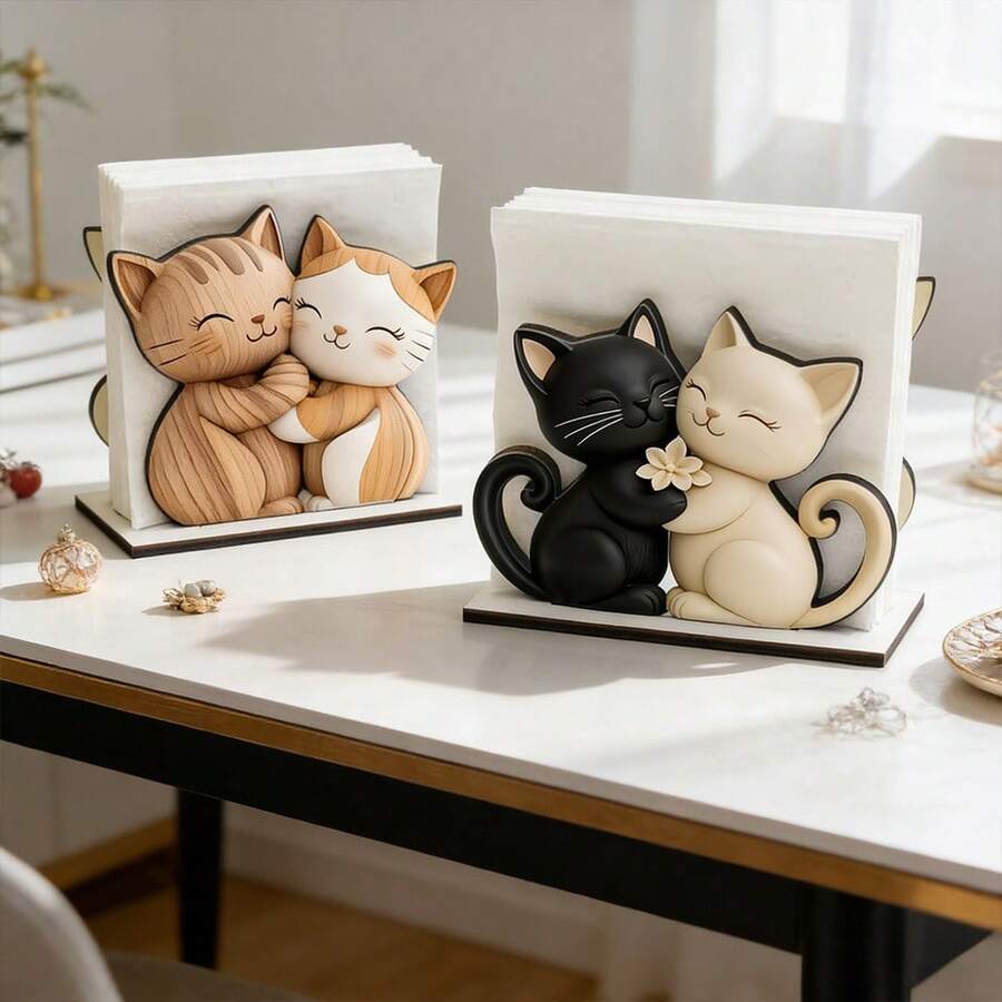 Cute Hugging Couple Cats Wooden Napkin Holder, Vertical Decorative Paper Towel Storage Box, Cartoon Kitten Tissue Holder, Suitable For Kitchen, Dining Table, Desktop Home Decor - View 1