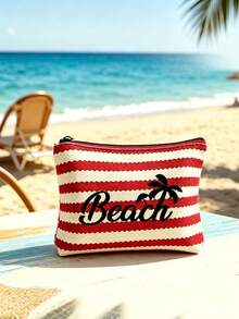 1/2件組條紋托特包與化妝包，印有「Beach」圖案，適合度假、旅行、通勤、購物，送給家人與朋友的禮物 - 彩色 - 查看 16