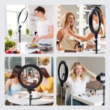 Anillo de luz LED de 12 pulgadas con soporte ajustable de 63 pulgadas y soporte para teléfono, alimentado por USB, diseñado para iluminación de estudio, adecuado para fotografía, grabación de vídeo, grabación de viajes y transmisión en directo: una luz de relleno circular portátil perfecta para entornos interiores y exteriores. - Negro - Ver 7