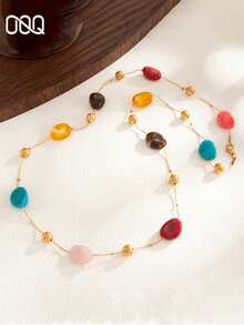 OOQ 1pc Bohemian Style Colorful Asymmetrical Resin Beaded Necklace, Elegant Personalized Sexy Collarbone Chain, Suitable For Beach, Vacation, Party, Daily Wear, Gift For Friends And Family - Colorful - View 5