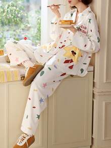 Gongdie 2 Pieces Women Pajama Set,Spring Fall Cream White Soft Cotton Loungewear With Colorful Star & 3D Star Pockets - Apricot - View 3