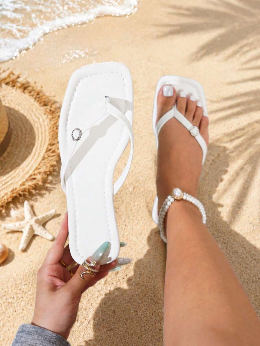 Women's Exquisite Rhinestone Buckle Square Toe Thong Sandals, Flat Flip Flops For Summer Daily Commute And Beach Wear - White - View 1
