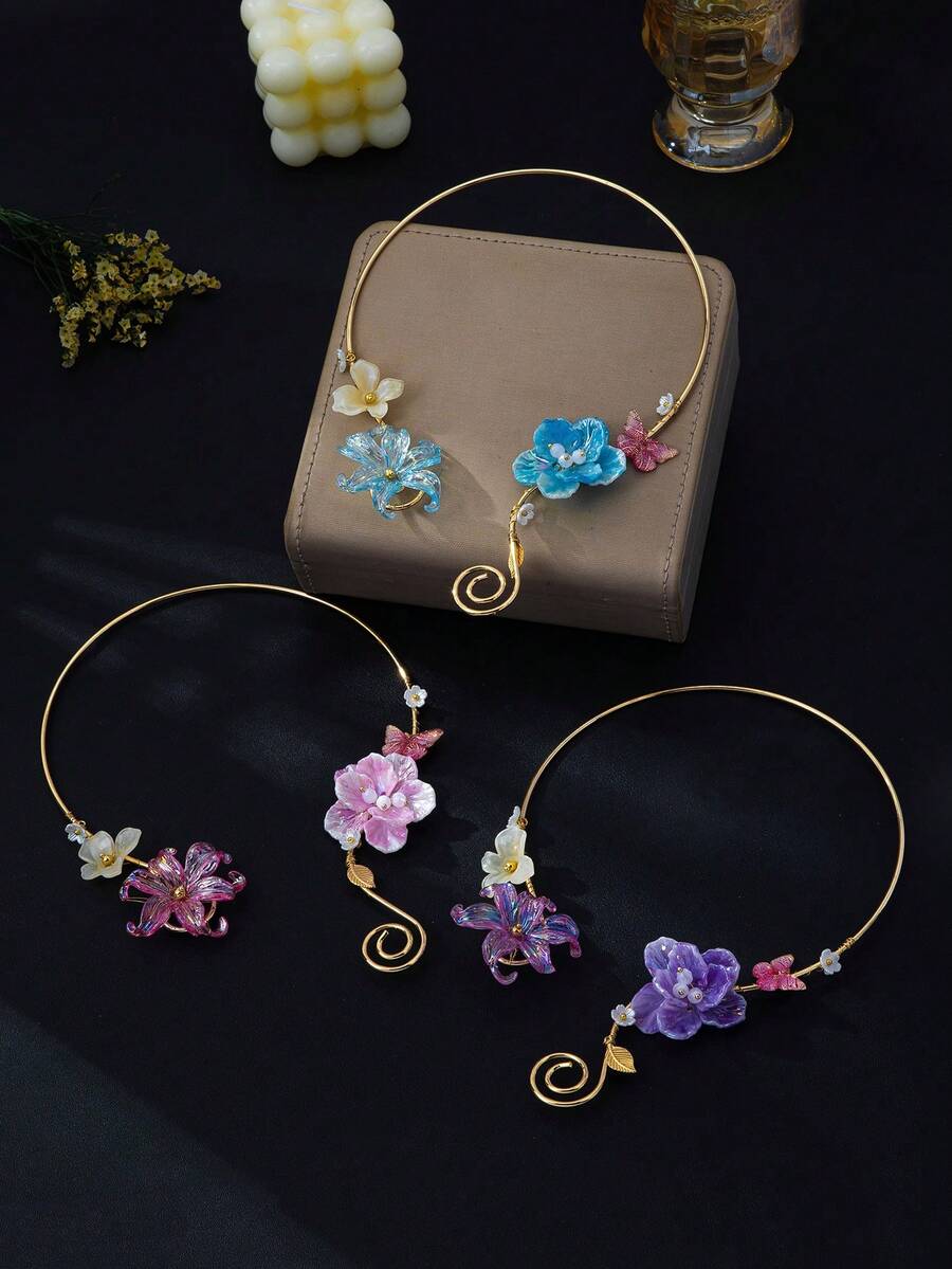 1 Stück zartrosa Farbverlauf Blumen asymmetrischer Schmetterling Blumen Spirale offener Hals Kragen Nischen Urlaub Schlüsselbein Halskette - Blumenhalsband - Übersicht 1