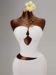 Women's Solid Color Pleated Hollow-Out Elegant Waist Midi Dress For Party - White - View 8