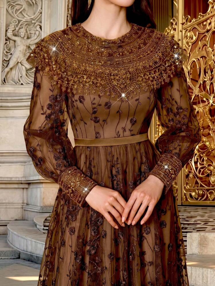 fancy brown dress Anpoket Summer/Fall Elegant Luxury Round Neck Evening Gown Embroidered Pearl Collar Flower Long For Party Prom Festival Wedding Color:Wine Floral Off Shoulder Windsor Felicia Floral Beaded 3% viscose) Worn length
