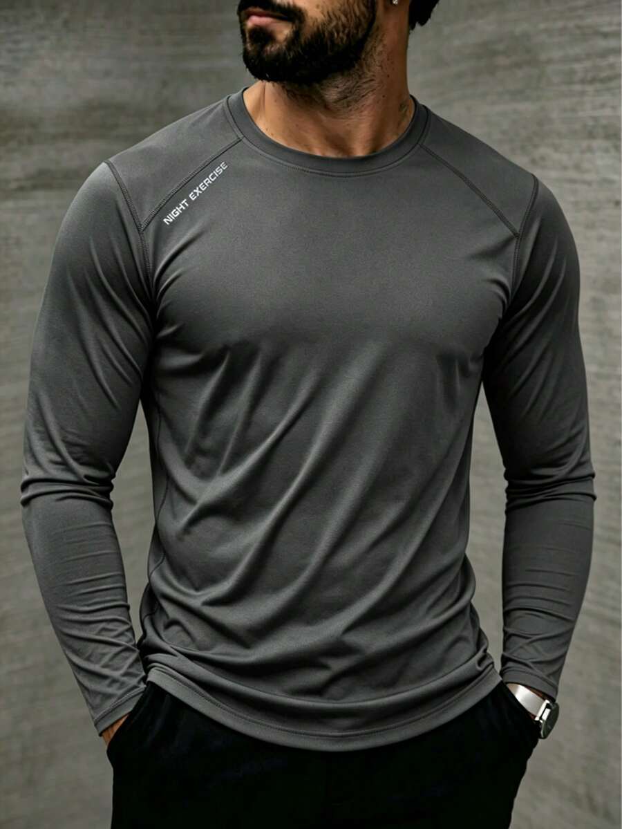 Men's Long Sleeve T-Shirt, Outdoor Running Fitness Wear, Dark Gray Letter Print Sports Base Layer - Grey - View 1