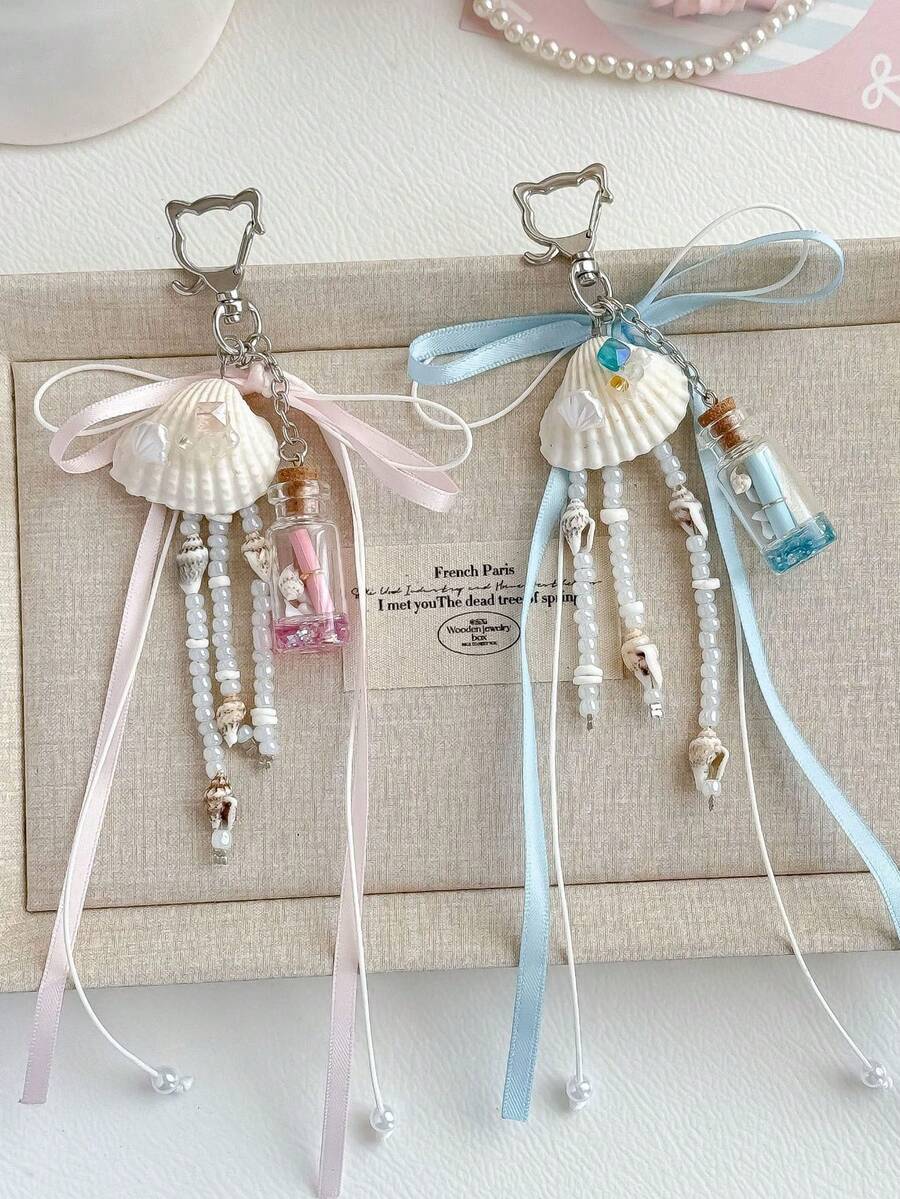 Fresh Shell Wishing Bottle Keychain, Soft Ribbon Beaded Bag Charms, Aesthetic Girly Pendant Gift For Girls - Multicolor - View 1