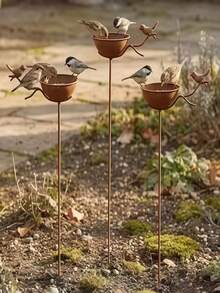 Vintage Distressed Rusty Bird Feeder Garden Stake, Metal Bird Bath Basin Yard Decor, Exquisite Design, Natural Finish, Suitable For Hummingbirds, Birds And Insects, Garden Water Feature, Elegant Bird Bath, Spring And Summer Garden Decoration - A - View 3
