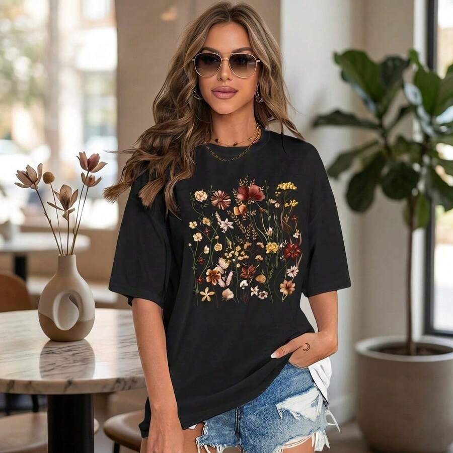 Women T-Shirts - 復古花朵 - 查看 1