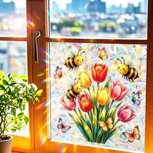 1pc Color Stained Glass Tulip Floral Window Stickers Iridescent Laser Holographic Butterfly Pattern Prism Light Refraction Self Adhesive PVC Decals For Household Bedroom Living Room Window Soft Natural Floral Scene Home Decor - Multicolor - View 8