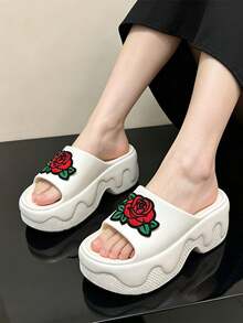 Women's Rose Embroidered Platform Slippers, EVA Platform Slides, Open-Toe Comfort Sandals, Y2K Style Indoor & Outdoor Dual-Use Footwear - White - View 6