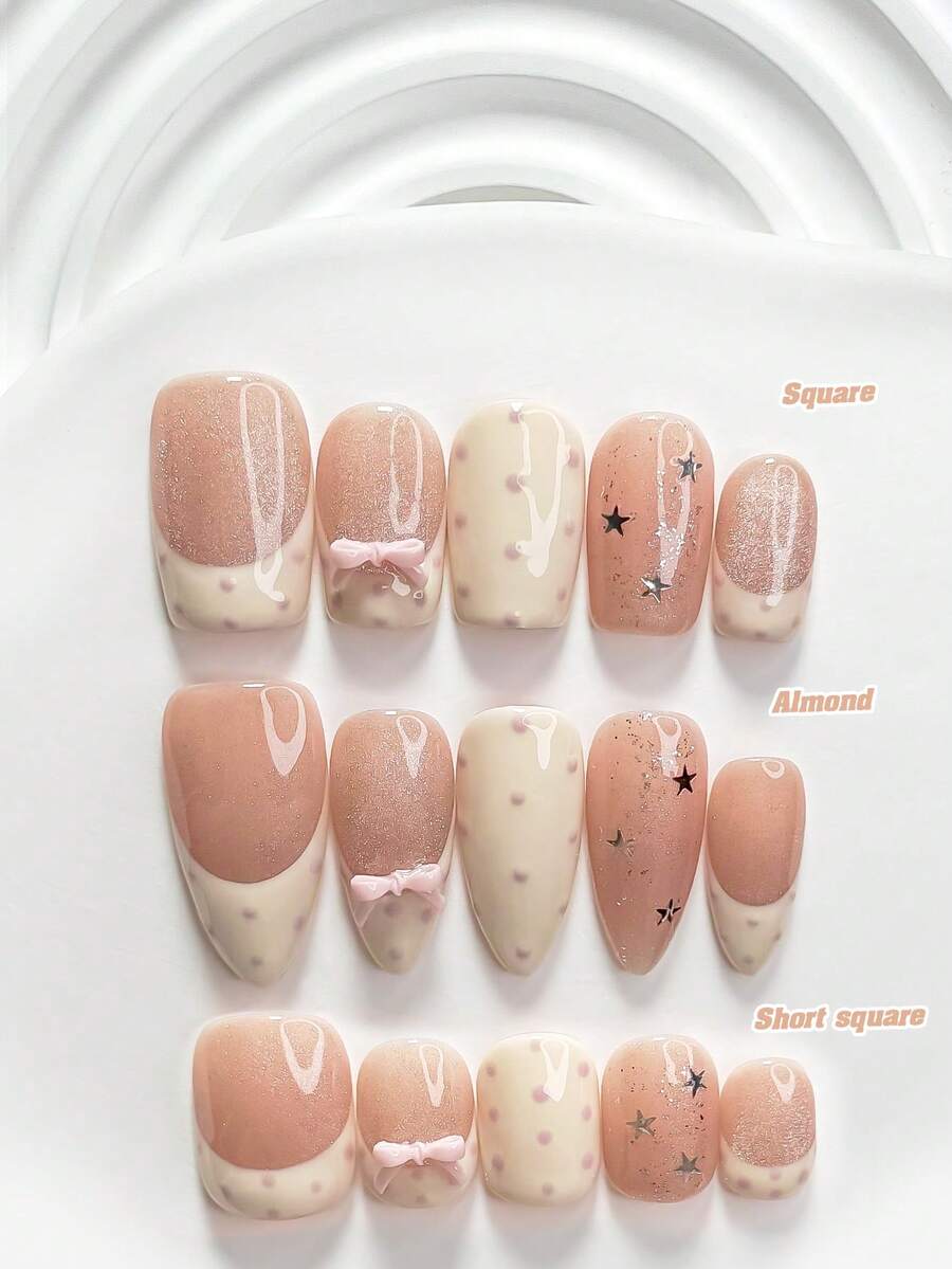 10片甜美風手工穿戴甲,Polygel美甲套組,星星、波點、貓眼、粉色蝴蝶結、粉色指甲油,休閒風,含美甲工具,3種尺寸可選,方形、短方形、杏仁形,適合派對、跳舞、日常配戴 - 彩色 - 查看 1