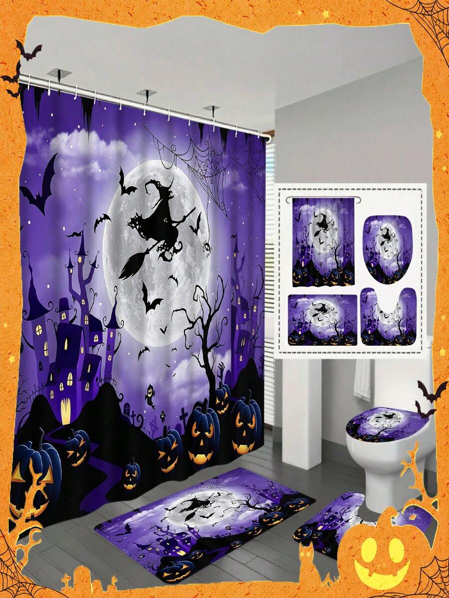 1/4pcs Halloween Flying Witch Horror Castle Shower Curtain Set, With 12 Hooks Waterproof Polyester Bath Curtain, Bathroom Curtain, Privacy, Thickened, Durable Quick Dry, 180*180cm Size