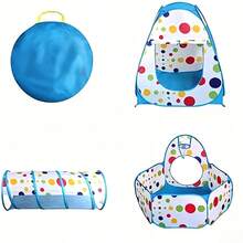 3 In 1 Polka Dot Kids Play Tent Set, Pop Up Crawl Tunnel & Ball Pit Foldable Indoor Outdoor Playhouse Gift For Toddlers Boys Girls - Blue - View 6