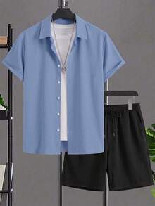 Conjunto de camisa y pantalones cortos de 2 piezas para hombre talla grande, manga corta, unicolor, lavable a máquina, talla grande - Multicolor - Ver 3
