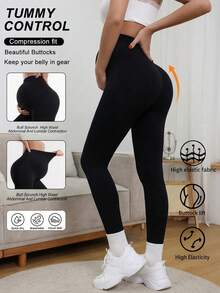 Legging Hamil Tanpa Jahitan Pinggang Tinggi Elastis Warna Polos Hitam - Hitam - View 3