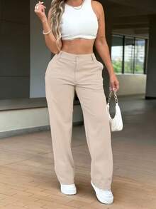 Solid Color High Waist Slimming Petite Commuter Versatile Casual Long Pants - Apricot - View 1