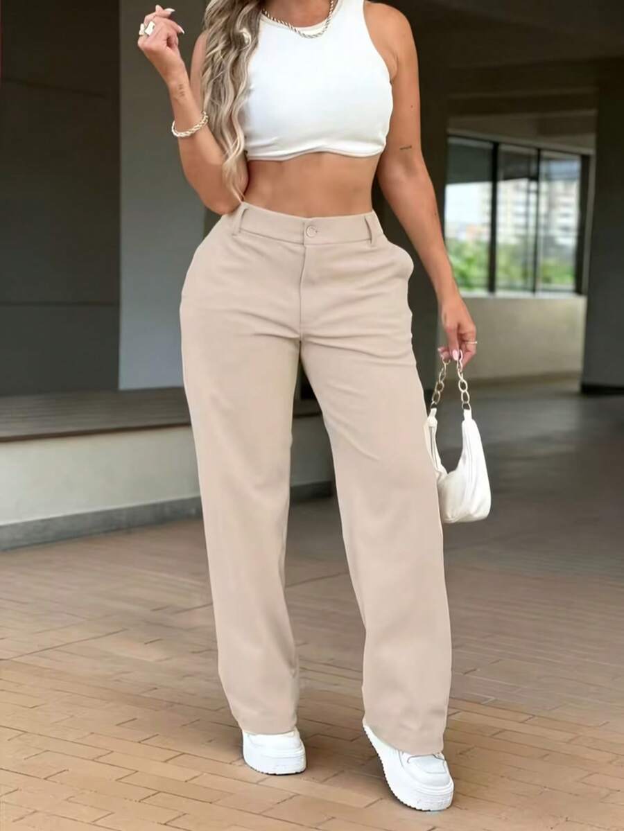Solid Color High Waist Slimming Petite Commuter Versatile Casual Long Pants - Apricot - View 1
