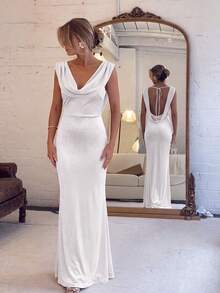 Basrey Neues elegantes weißes einfarbiges Maxikleid mit Taillenbindung, V-Ausschnitt und offenen Schultern, geeignet für Hochzeiten, Partys und formelle Anlässe im Frühling - Weiss - Übersicht 7