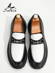 Salkin 新款英式設計男士粗齒厚底樂福鞋，平價奢華厚底一腳蹬樂福鞋，柔軟舒適圓頭優雅正裝皮鞋，紳士老錢風商務休閒日常鞋，男士情侶約會出遊百搭派對宴會婚禮度假禮物，四季款男鞋，建議選擇大一號 - 黑與白 - 查看 7