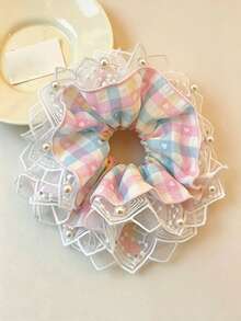 1pc Macaron Colorful Plaid Large Heart Lace Trim Scrunchie, 15cm/5.91in Women's French Style Hair Tie For Bun, All-Season Hair Accessory, Light Luxury Style - Multicolor - View 5