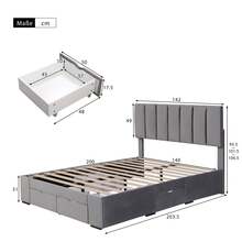 Bed Frame 140 X 200 Cm Velvet, With Spring Mattress, Headboard, 4 Drawers, Grey - 灰色 - 查看 6