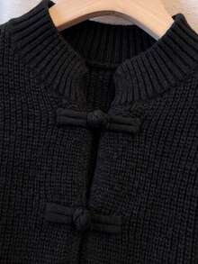 Women's Elegant Black Knit Cardigan With Chinese Knot Buttons, Long Sleeve Regular Length Top, Suitable For Autumn/Winter - Black - View 6
