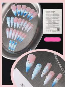 24pcs 3D Ice Blue Butterfly Wave Long Pointed Press-On Nails, Nude Base Gradient Embossed Shell Wave Nail Stickers, Cool Healing Island Style Removable Manicure, Makes Fingers Look Slender For Photos - 淺藍色 - 查看 5