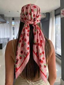 1件粉色櫻桃印花絲綢緞面甜美女孩風春夏女款方巾，多功能透氣髮帶，適合日常與度假穿搭 - 櫻桃款 - 查看 3