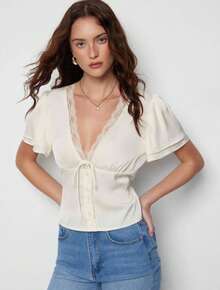 French Lacing Lace Splicing T-Shirt Figure-Flattering New Summer Pure Sexy Short Sleeve Shirt - 銀杏色 - 查看 2