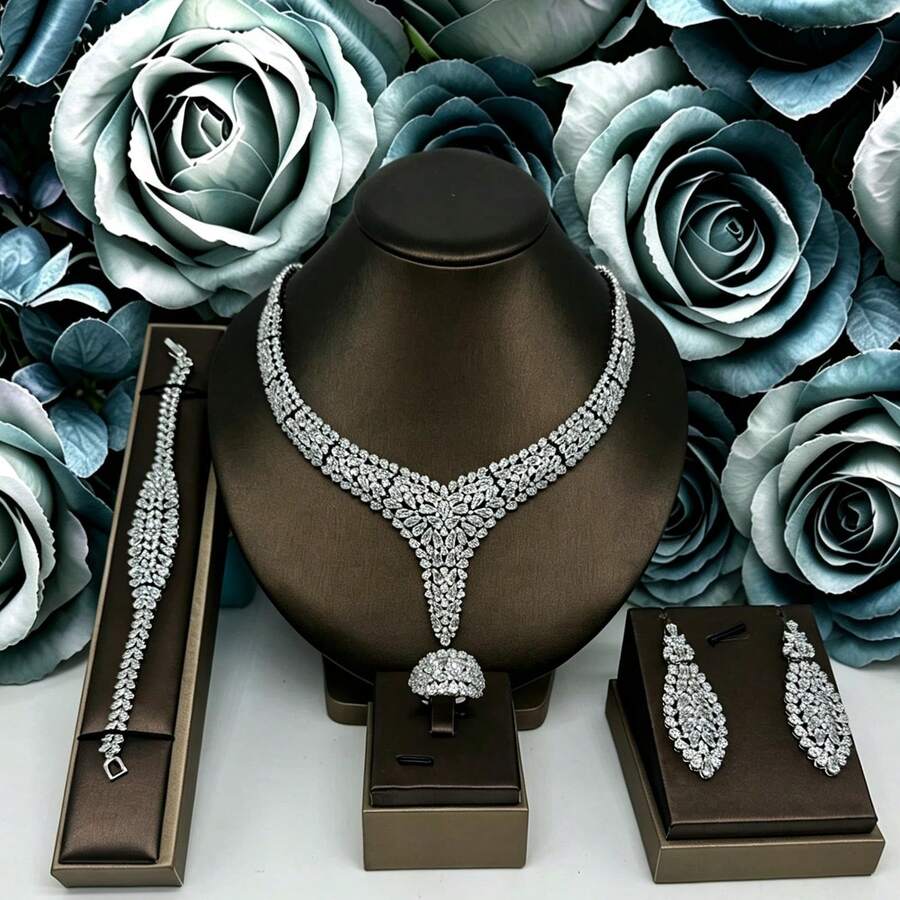4pcs Fashion Middle East Saudi Copper Cubic Zirconia White Necklace, Earrings, Bracelet, Ring 4-Piece Jewelry Set. Luxury Necklace Set Jewelry. Suitable For Evening Party, Valentine's Day Gift - White - View 1
