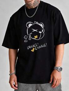 Men's Casual Urban Style T-Shirt, Cartoon Bear Graphic Print "Inhale And Exhale", Daily Summer Wear, Cotton, Breathable And Comfortable T-Shirt - Black - View 2