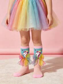 1 Pair Girls Sweet Cute Rainbow Bow Decorated Calf Socks, Cartoon Pony Pattern Design Mid-Calf Socks, Suitable For Girls Spring Autumn Transition Seasons, Versatile Design Girls Student Socks - Multicolor - View 5
