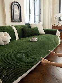 1pc Solid Color Classic Minimalist Striped Sofa Cushion, All-Season Anti-Slip Breathable Machine Washable, Pet-Friendly, Suitable For Living Room, Bedroom 1/2/3/4 Combination Sofa Home Decor Protection - Dark Green - View 5