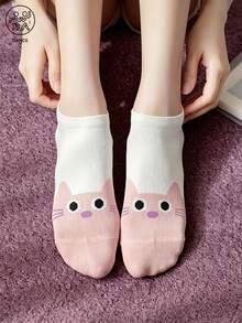 3 Pairs Random Assortment Japanese Sweet Style Striped Polka Dot Cartoon Cat & Rabbit Short Socks, 3D Ear Design, Breathable Comfortable Cotton Socks For Commuting And Casual Wear - Multicolor - View 4