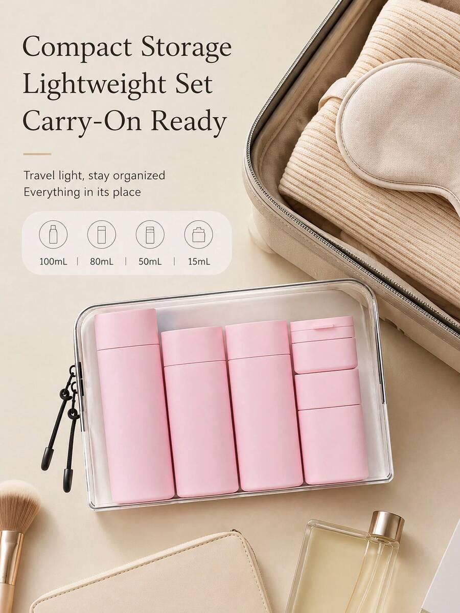 6pcs Travel Set, Includes Shampoo, Body Wash, Lotion, Cream Bottle, Empty Cosmetic Containers, Portable Storage Set - Multicolor - View 1