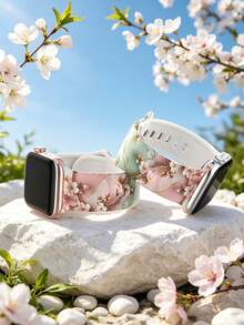 Pink Peach Blossom 2D Pattern Printed Watch Band Compatible With Apple Watch 40mm 41mm 42mm 44mm 45mm 46mm 49mm Models, Soft And Comfortable, Casual Sports Adjustable Rivet Buckle Silicone Watch Band Compatible With Apple Watch Series Ultra/SE/12/11/10/9/8/7/6/5/4, Compatible With Apple Watch Men's And Women's Watch Band, Smart Watch Case - UV-a Pink Peach Blossom - View 2