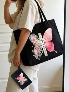 Bolsa de mano con tema cristiano y bolsa pequeña con cruz, mariposa rosa y patrón de letras florales coloridas, regalo ideal para seres queridos y maestros. Bolsa de mano de lino de gran capacidad para mujer con diseño innovador, espaciosa, portátil y casual, perfecta para ir de compras. Bolsa de mano portátil multifuncional para maestras, excelente opción de regalo para mujeres. Regalo del Día del Maestro, Día del Padre, regalo de cumpleaños, regalo de vuelta a la escuela, - Multicolor - Ver 2