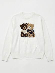 Women's Beige Cute Double‑Bear Jacquard Knit Sweater, Round Neck Loose Drop‑Shoulder Ribbed Long‑Sleeve Pullover, Fall Back‑To‑School Outfit, - White - View 7