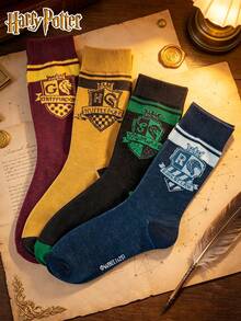 4 Pairs Unisex Socks Harry Potter Series Warner Bros. Co-Branded Featuring School Design, Solid Color, Sweat-Absorbent And Breathable, Suitable For Students, Couples And Movie Fans - Multicolor - View 11