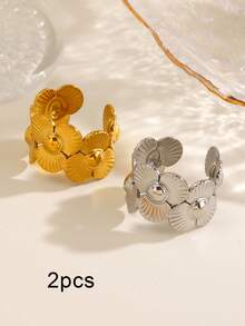 1/2pcs Stainless Steel 18K Gold Plated Minimalist Flower Ring, Suitable For Women's Daily And Party Wear - Multicolor - View 9