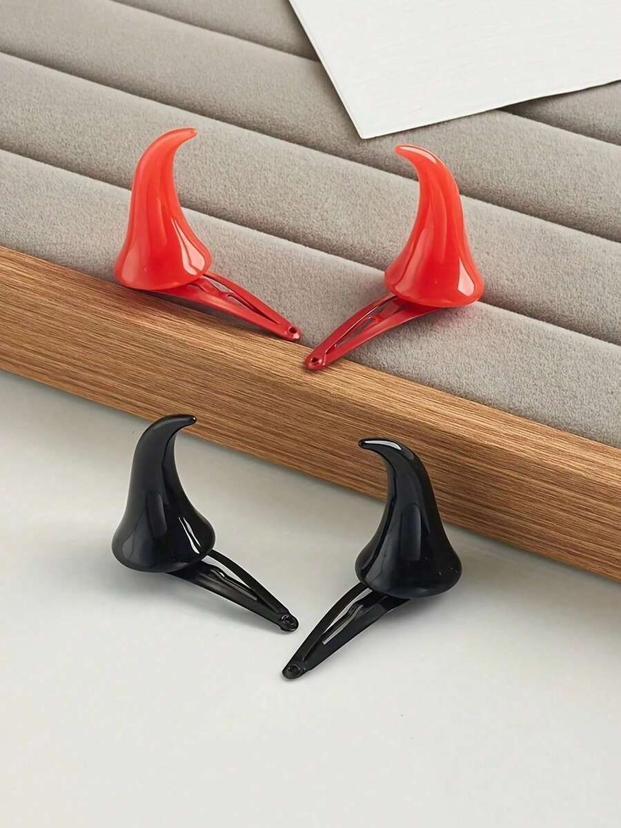 2pcs Halloween Women's Fashion Black Red White Gothic Devil Horn Hair Clips, Exquisite Halloween Gift And Cosplay Hair Accessory