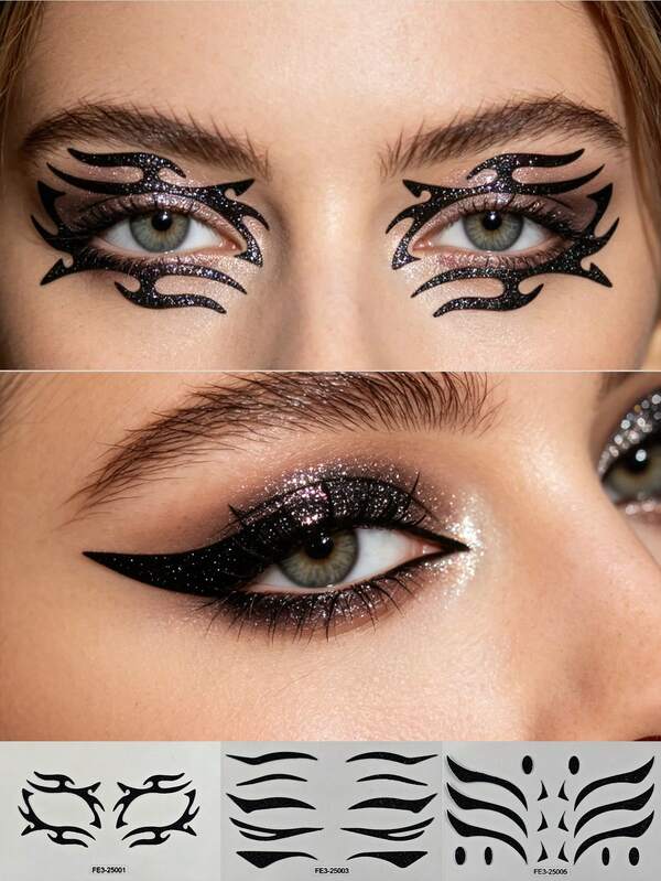 3pcs Black Glitter Eyeliner Sticker Set, , Abstract Lines & Upturned Design Self-Adhesive Eye Makeup Stickers, Waterproof Long-Lasting Temporary Eyeliner, Suitable For EDM Festival & Party Looks