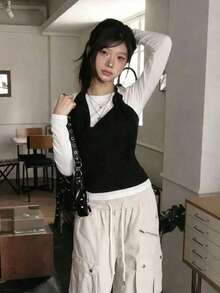 韓系小眾設計掛脖背心與掛脖長袖T恤2件式疊穿修身套裝 女款 白色優雅 - 白色 - 查看 2