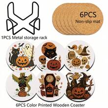 1 Set Wooden Halloween Ghost Pumpkin Coasters With Cork Base And Iron Frame, Gothic Wooden Beverage Coasters, Suitable For Halloween Party Supplies, Gift For Friends - Multicolor - View 9