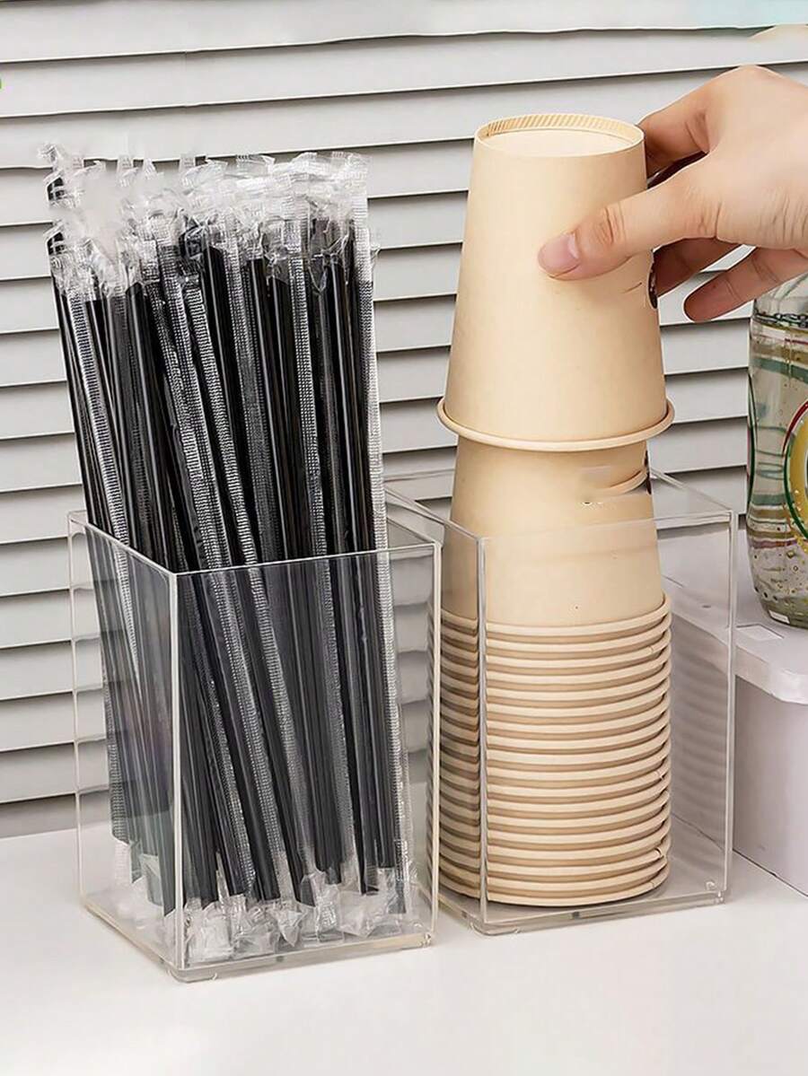 1pc Transparent Bar Straw Storage Box, Small Disposable Cup Holder, Suitable For Straws, Coffee Stirrers, Disposable Cups And Capsule Coffee Storage Organizer - Multicolor - View 1