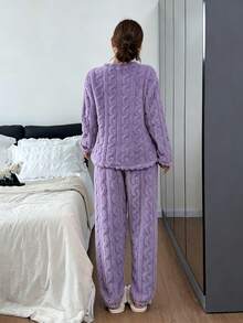 Dreamivo 2pcs/Set Women's Solid Color Pajama Set, Thermal Lined Thick Long Sleeve Long Pants Pajama Set, Simple And Fashionable - Purple - View 2