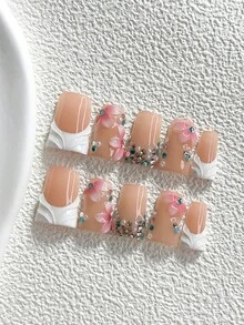 10Pcs Sweet Style Handmade Press On Nail,Polygel Nail Set,Features Hand Painted Floral And Rhinestone Elements,White And Pink Nail Polish,Elegant Style,Includes Nail Tools,3 Sizes Available,Almond,Duck,Coffin Nails For Party,Dance,Daily Wear. - 彩色 - 查看 13